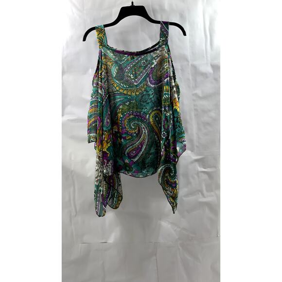 MANDEE Women's Green Sheer Printed Straight-Neck Cutout Shoulder Top SZ S - Picture 1 of 8